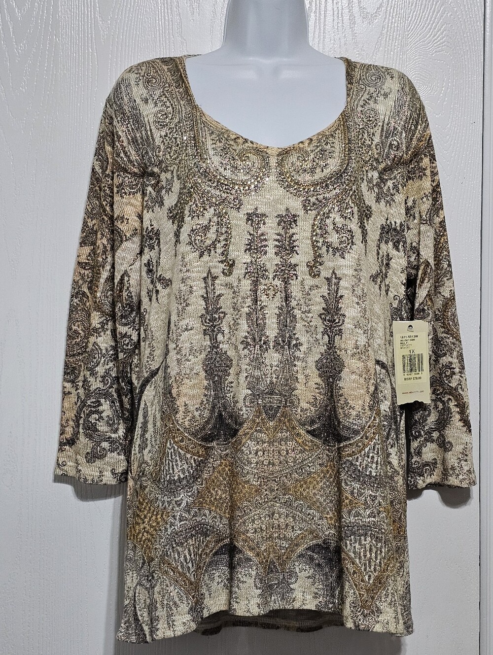 Reba 1X Tan Paisley Floral Rhinestone Western Scoop Neck 3/4 Sleeve Blouse